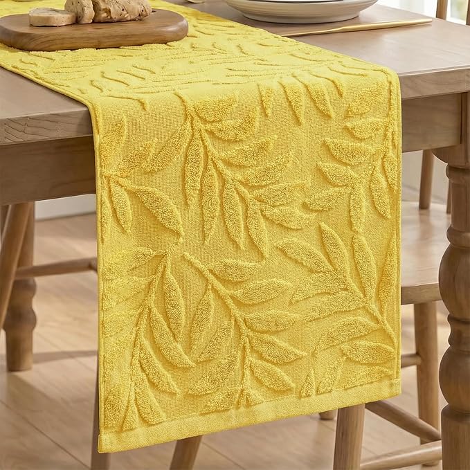 Artoid Mode Yellow Soft Cotton Jacquard Leaves Spring Table Runner, Holiday Kitchen Dining Table Decoration for Home Party Decor 13x72 Inch