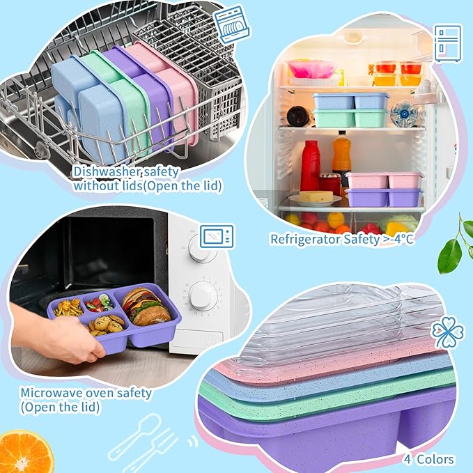 Bento Box 4-Pack 5-Compartment Meal Prep Containers, BPA-Free Plastic, Stackable Food Storage Lunch Boxes for Adults and Kids, School Work Travel (Off White)