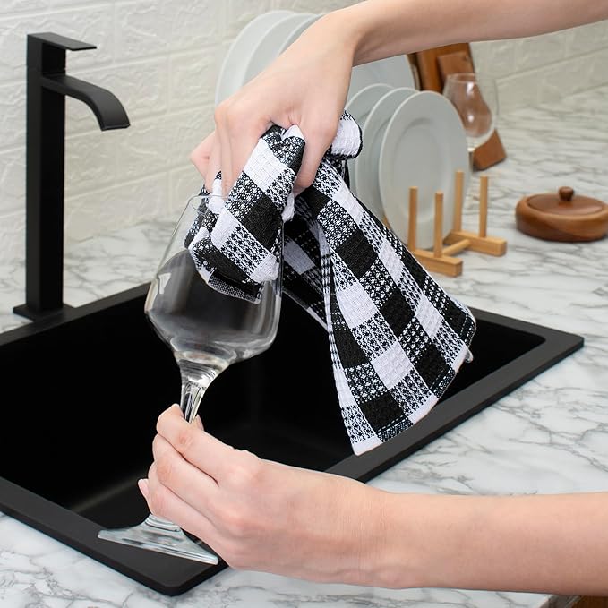 Blue Needles Waffle Weave Kitchen Towels, 15x25 Inches 100% Cotton Set of 6 Dish Cloths for Kitchen, Ultra Soft & Absorbent with Hanging Loop, Dish Rags for Quick Drying, Assorted - Black