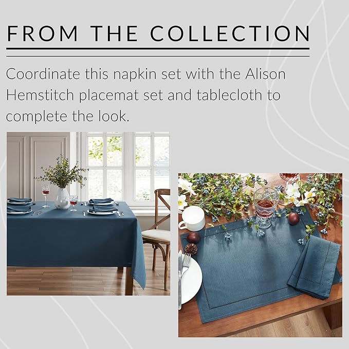 Elrene Home Fashions Alison Eyelet Border Design Cloth Wrinkle Resistant Fabric Dinner Napkin, Set of 4, 17"x17", Copen Blue
