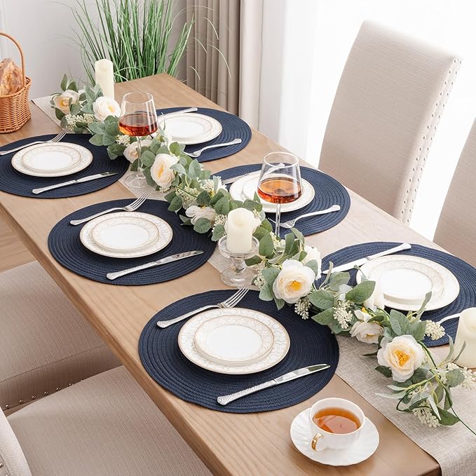 SHACOS 15 inch Round Placemats Set of 12 for Dining Table Braided Circle Place Mats Kitchen Table Placemat Washable Table Mats, Navy Blue