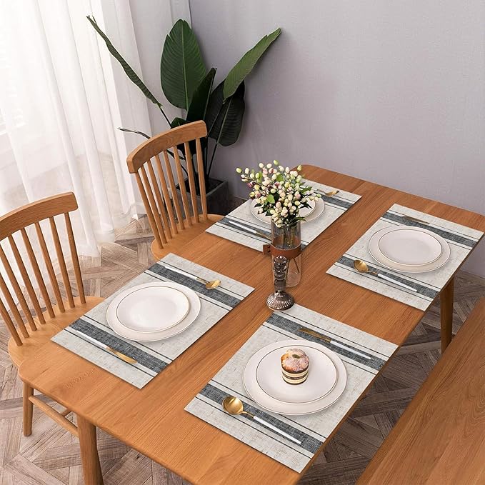 CSFOTO Modern Minimalist Line Decorative Placemats Set of 4 Heat-Resistant Non-Slip Kitchen Table Mats Khaki Woven Rectangle Placemats for Dining Table 18"x12" Washable, Black Stripe