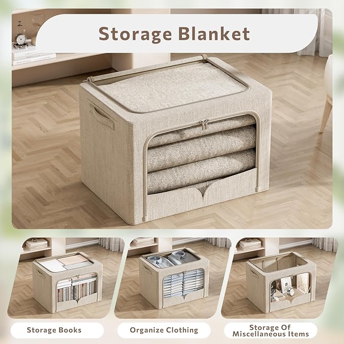 FHSQX 3 Pack Clothes Storage Bins Foldable Metal Frame Storage Box Extra Large Stackable Linen Fabric Organizer Set with Carrying Handles and Clear Window (Beige, 23.6x16.5x15.7inch(100L))