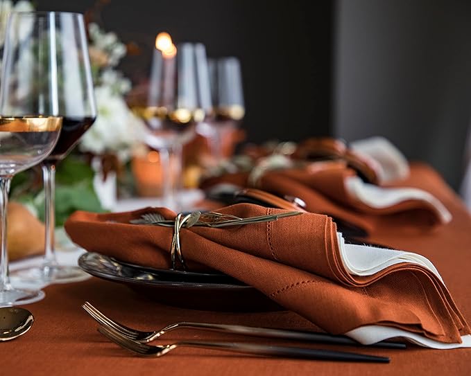 Solino Home Linen Napkins Set of 4 - Classic Hemstitch 100% Pure Linen Cinnamon Dinner Napkins Cloth 20 x 20 Inch for Mothers Day - Handcrafted and Machine Washable
