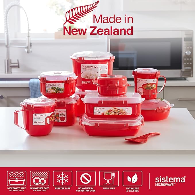 Sistema Microwave Rice Cooker & Round Microwave Food Container Set | 2.6L, 915ml | Food Containers with Steam-Release Vents | BPA-Free | 2 Count