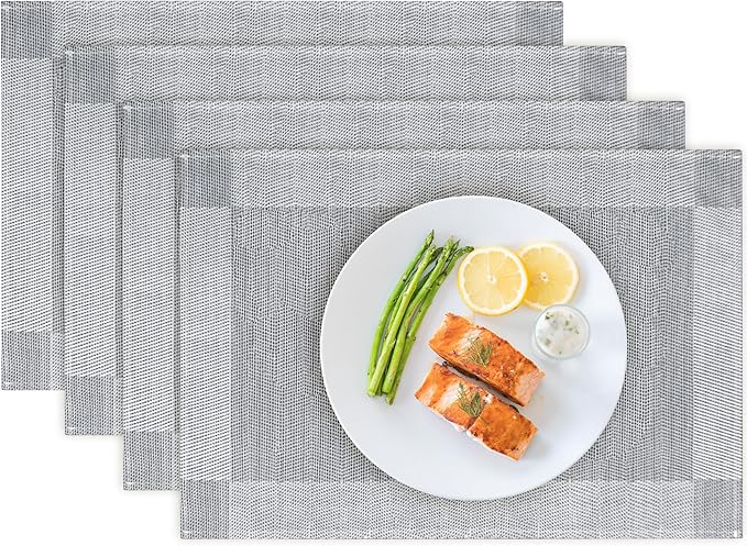 Bloss Placemats Set of 4, Linen Woven Place Mats for Kitchen Table Indoor/Outdoor, 12" x 18" Washable Silver Gray Placemat Dining Table Mats