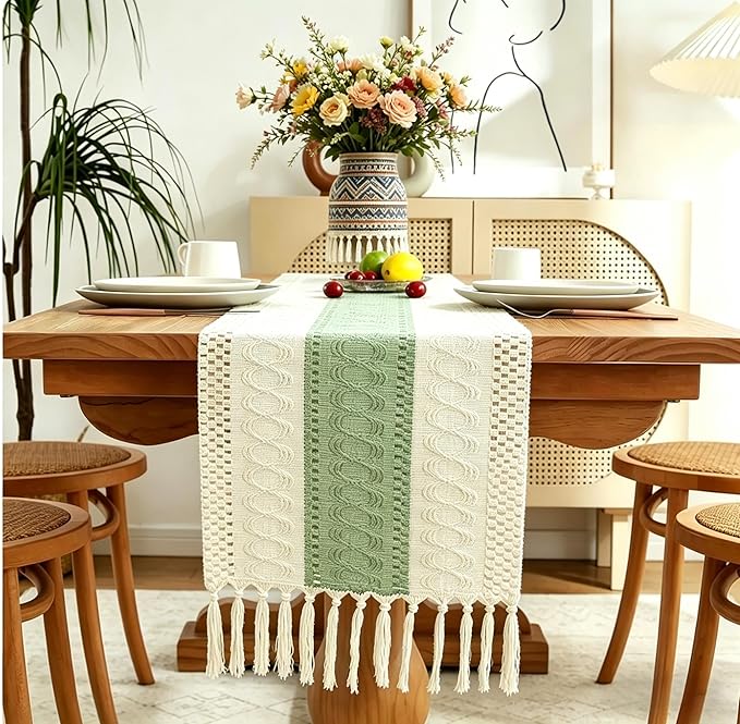Boho Table Runner for Home Decor with Tassels 72 Inches Long , Farmhouse Rustic Green Table Runners for Bohemian Kitchen Dining Table(12x72in)