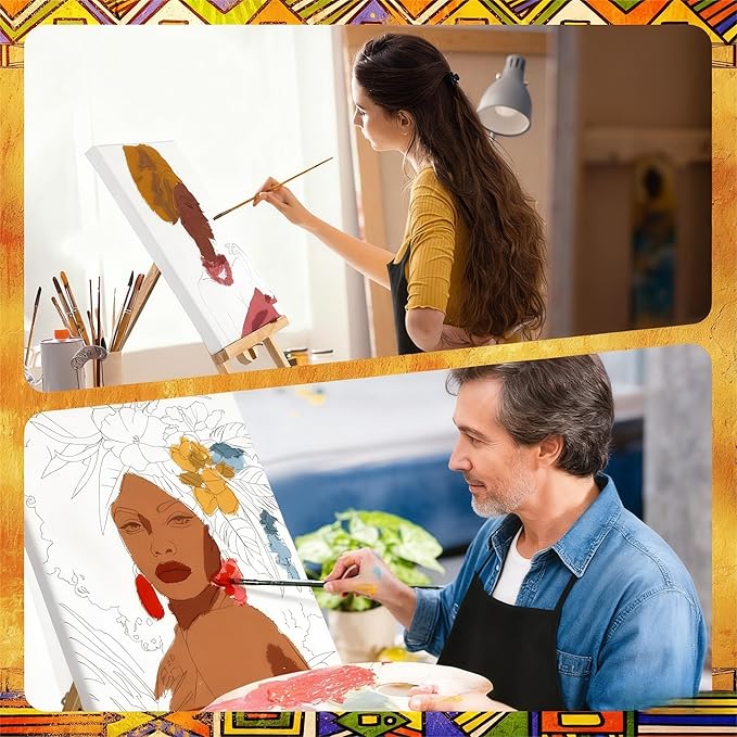 Motipuns 12 Set Pre Drawn Canvas for Painting for Adults Sip and Paint Kit with Easels 8 x 10 Inches Paint Party Kit with Printed Canvas Paints Brushes Palette Bag Apron(Afro Queen)