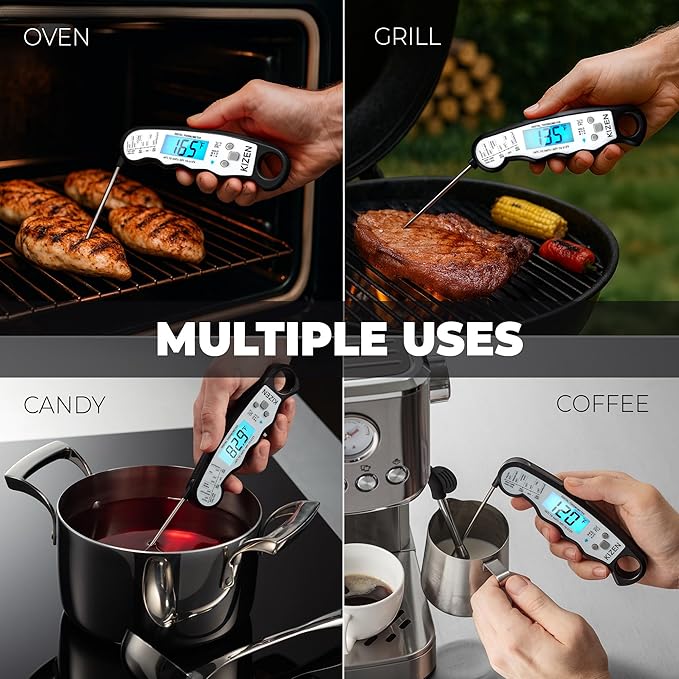 KIZEN Instant Read Meat Thermometer Digital - Food Thermometer for Cooking, Grill, Oven, BBQ - IP67 Rated Waterproof - Large Backlit Display and Magnetic Back