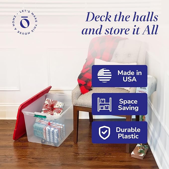 HOMZ 4-Pack Secure Latch, Clear Plastic Storage Organizer Bins, 64 Quart, Red Lid - Stackable Container Boxes for Bedroom, Bathroom, Garage, and Office Organization