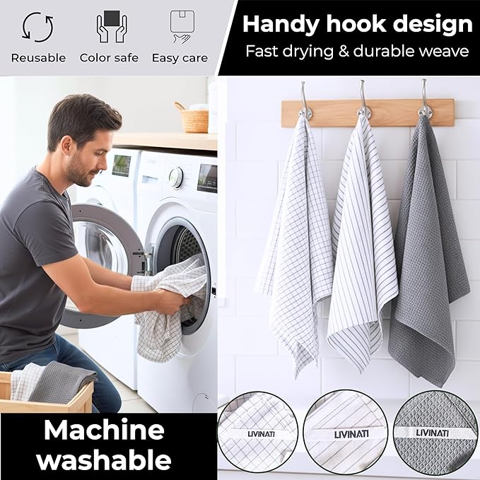 Highly Absorbent Cotton Kitchen Towels for Drying Dishes - Set of 6 Dish Towels - Narrow Light Gray Stripes Plaid Waffle Dishtowels - 18"X28" Large Lint Free Linen Tea Hand Bulk T Towls