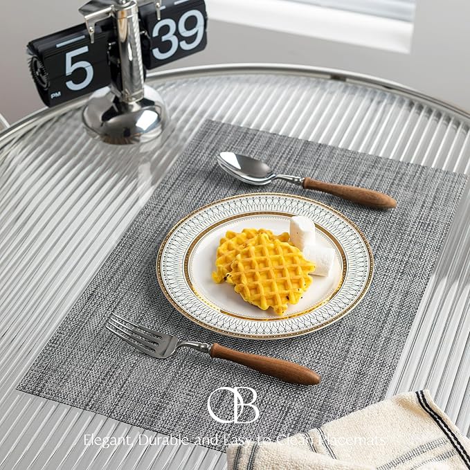 Placemat Set of 4 - Easy Clean Woven Vinyl Placemats for Dining Table, Indoor/Outdoor Place Mats, Washable PVC Table Mats（Dark Gray）