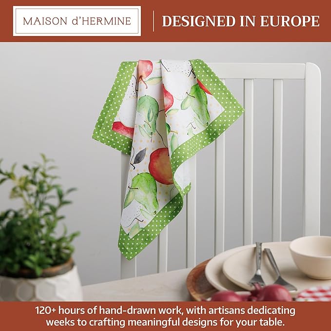 Maison d' Hermine Cloth Napkins Set of 4 100% Cotton Everyday Reusable Square Napkins Cloth Washable Dinner Party Wedding Restaurant Gifts for Mothers Day Spring/Summer (Apples & Pears, 18" x 18")