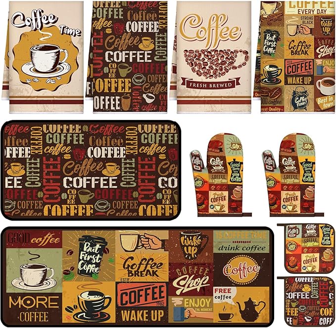 Fourluoo 10 Pcs Coffee Kitchen Decor and Accessories Coffee Oven Mitts and Pot Holders Set Dish Towels Farmhouse Kitchen Decor Retro Brown Gloves for Chef Baking Cooking Grilling BBQ Women Gift