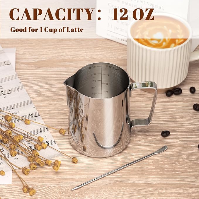 Amrules Milk Frothing Pitcher, 12oz Milk Frother Cup with Clear Scale, 304 Stainless Steel Cappuccino Espresso Machine Accessories for Barista Coffee Bar with Latte Art Pen, Silver
