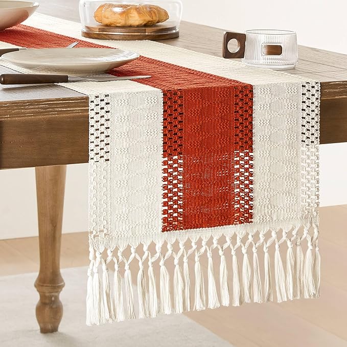 ZeeMart Macrame Style Bicolor Stitching Table Runner, 14 x 60 Inch Orange/Ivory, Boho Burnt Orange Fall Table Runners 60 Inches Long, Farmhouse Woven Fall Home Decor