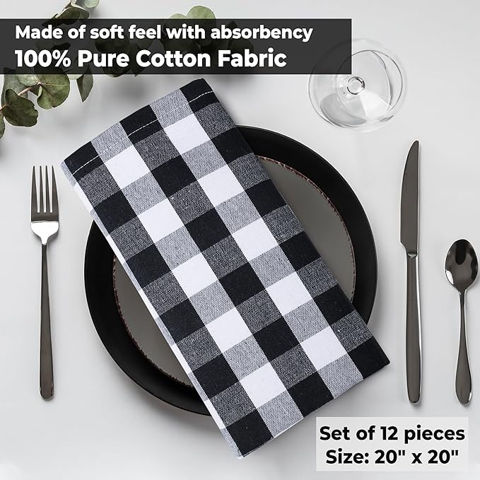 Urban Villa Cloth Napkins Set of 12 20x20 Inches 100% Cotton Napkins Cloth Washable Durable Reusable Absorbent Table Dinner Napkins Cloth for Hotel Lunch Restaurant Weddings Parties-Black white Checks