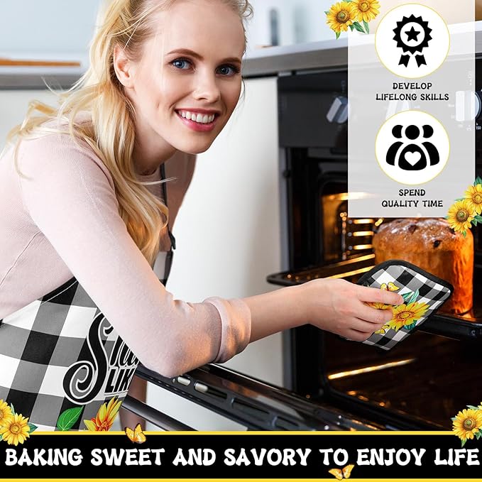 Hoolerry 6 Pcs Sunflower Kitchen Apron Dish Towels Oven Mitts and Pot Holders Sets with Silicone Spatula for Women Wife Grandma Cooking Sunflower Baking Gifts