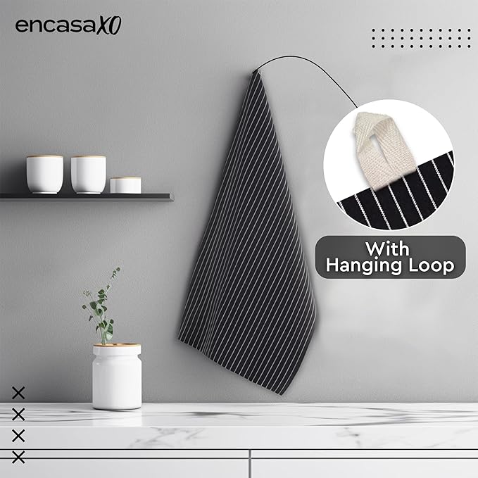 Encasa XO Cotton Kitchen Towel Set | Hand and Tea Cloth for Cleaning & Quick Drying, X-Large 28"x18" (Pack of 12) Highly Absorbent - Butcher Black