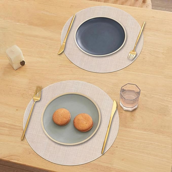Niviy Beige Round Placemats Set of 4, 15 Inch Washable Easy to Clean Heat-Resistant Anti-Skid Beige Placemats for Holiday Party Kitchen Dining Room Decoration