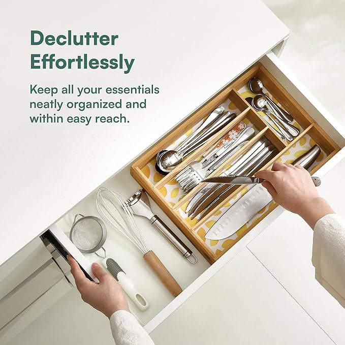 Pristine Bamboo Drawer Organizer - Silverware Organizer with 5 Slots, Lemon Print