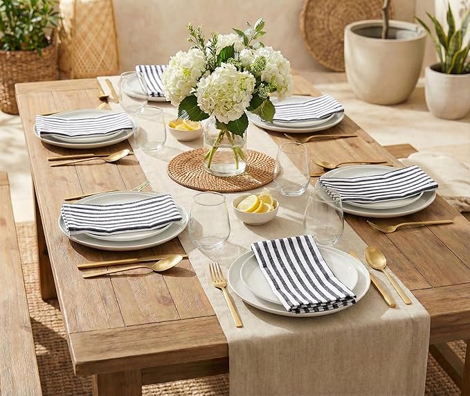 PurpleEssences Plain Striped Cloth Napkins - Set of 12-100% Cotton - 18 x 18 Inch - Spring Easter Summer and Perfect Everyday Use Dinner Napkin - Black and White
