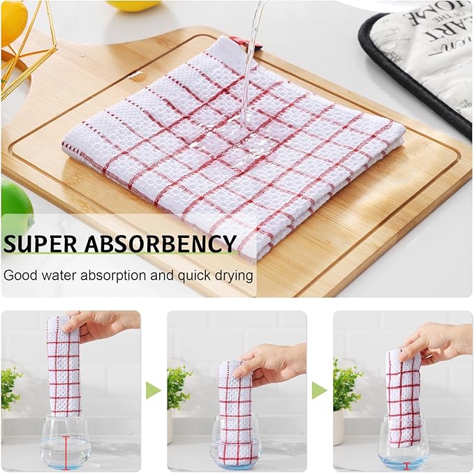 Homaxy 100% Cotton Dish Cloths, 6 Pack-12 X 12 Inches, Check Design Waffle Weave Dish Rags for Washing Dishes, Ultra Absorbent and Fast Drying Dishcloths, Red