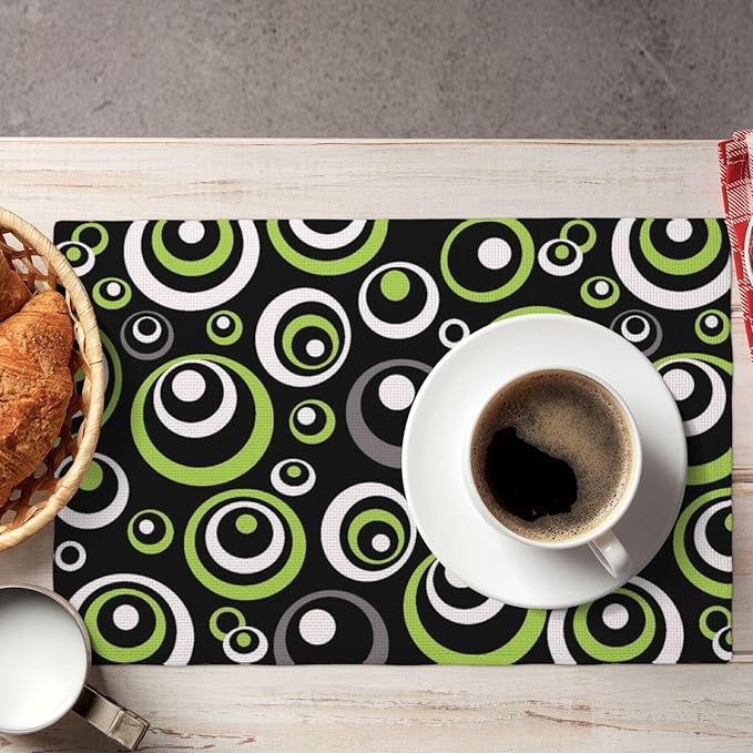 Black Green Geometric Circles Linen Placemats Set of 4, Washable Heat Resistant Green Table Mats for Dining Table Kitchen Wedding Farmhouse Party Coffee Shop, Modern Home Decor, 12" x 18" Place Mats