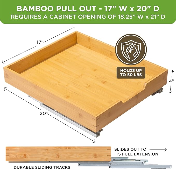 HOLDN’ STORAGE Bamboo Wooden Pull out Cabinet Organizer 17"W x 21"D Requires At Least a 18.25"W x 21"D Cabinet Opening W/Lifetime Limited Warranty, Bamboo Tray and Heavy Gauge Metal Rails