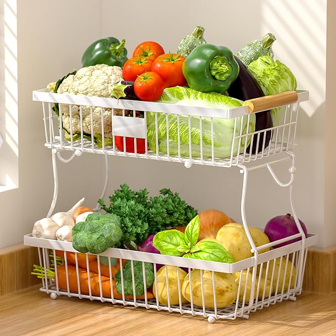 2 Tier Fruit Basket for Kitchen Counter with 2 Banana Hangers, Countertop Metal Bread Basket with Wooden Handle, Large Storage Stand for Vegetables, Snacks, Eggs, Produce Storage – White