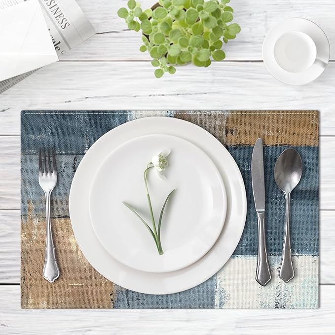 Emvency Farmhouse Placemats Set of 4, Vintage Brown and Blue Abstract Art Painting 12x18 Inch Table Mats for Outdoor Home Party Kitchen Dining Decoration