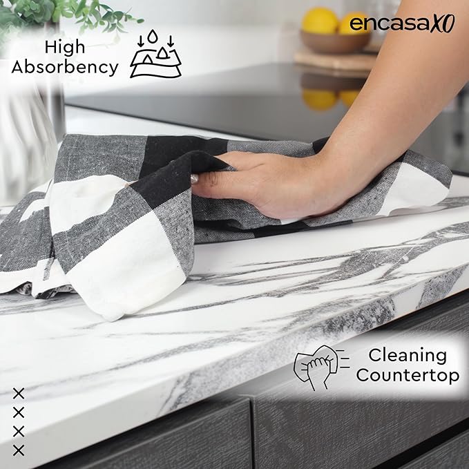 Encasa XO Cotton Kitchen Towel Set | Hand and Tea Cloth for Cleaning & Quick Drying, X-Large 28"x18" (Pack of 4) Highly Absorbent - Buffalo Black Checks