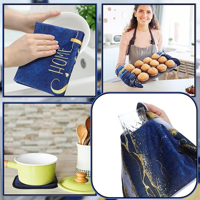 Fourluoo 10 Pcs Kitchen Dish Towels Rugs Oven Mitts and Pot Holders Kit Farmhouse Kitchen Decor Set Gloves Vintage Potholders for Baking Cooking Chef(Blue,Modern)