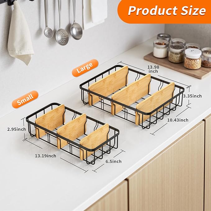 2-Pack Adjustable Lid Organizers - Large Kitchen Cabinet Organizer for Food Storage Container and Tumbler Cup Lids with 6 Bamboo Dividers - Organizers in Kitchen/Pantry/Laundry Room