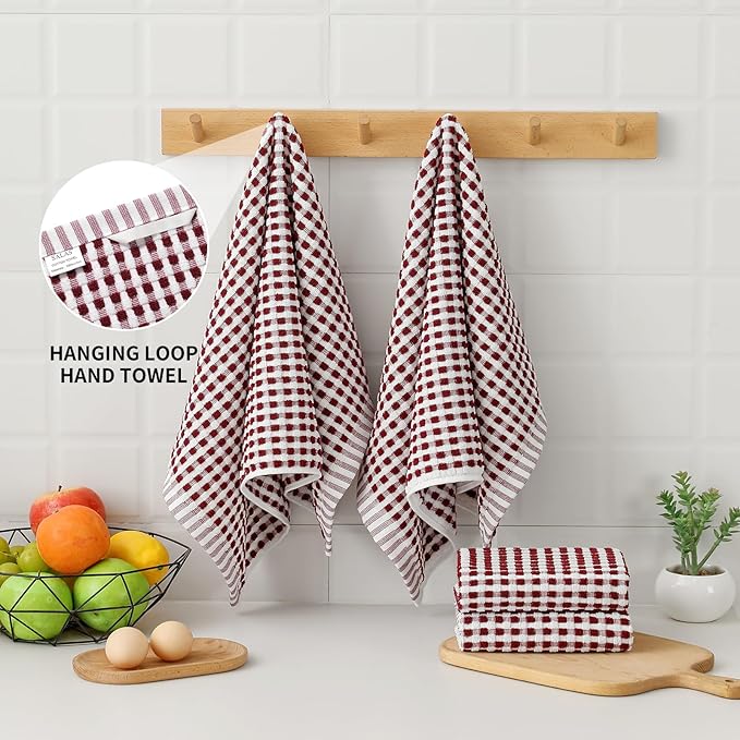 SALAS Cotton Dish Towels Cloths for Kitchen Drying Dishes, Lattice Terry Kitchen Towels, Absorbent Cloths with Hanging Loop, 16‘’ x 26‘’, 6 Packs, Wine Red