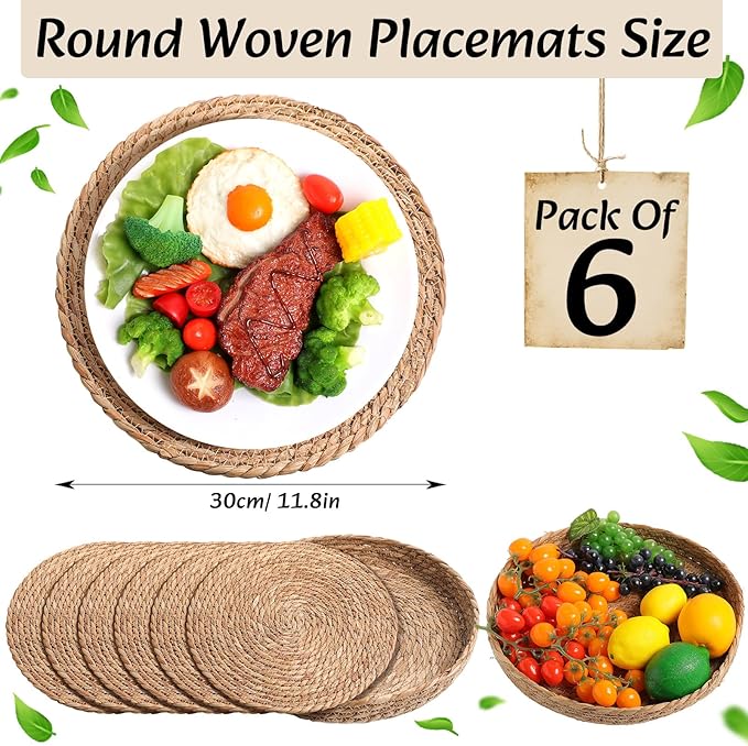 Boho Placemats 4/6/8 Set of Round Woven Placemat Macrame Style Bicolor Stitching Long Table Runner Farmhouse Rustic Natural Burlap Cotton for Kitchen Dining Table(6 Sets,Black A,12x72)