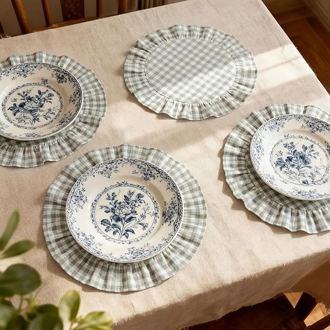 4 Pcs 15 Inch 100% Cotton Scalloped Round Placemats, Thin Countryside Green Gingham Place Mats with Ruffle, Washable Placemats Table Mats for Kitchen Dining Holiday Gatherings Decor