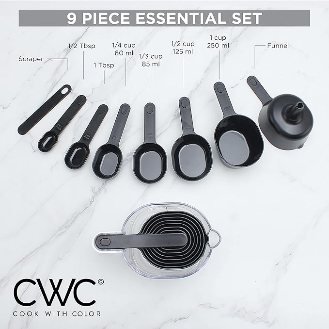 COOK WITH COLOR Measuring Cup Set - 9 PC. Nesting Stackable Liquid Measure Cup, Dry Measuring Cups and Spoons with Funnel and Scraper (Black)