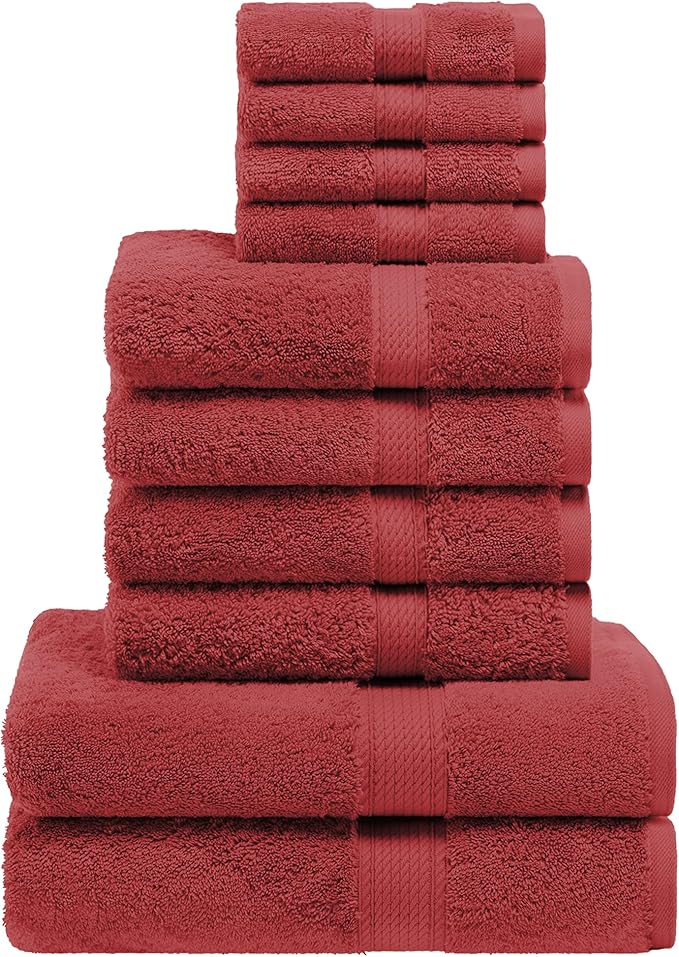 Superior Egyptian Cotton Pile 10 Piece Towel Set, Includes 2 Bath, 4 Hand, 4 Face Towels/ Washcloths, Ultra Soft Luxury Towels, Thick Plush Essentials, Guest Bath, Spa, Hotel Bathroom, Red