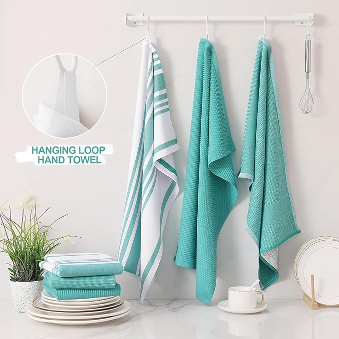 Homaxy Premium Kitchen Towels(18”x 28”, 3 Pack), Large Cotton 380 GSM Kitchen Hand Towels, Soft and Absorbent Terry Dish Towels, Multipurpose Tea Towel Set with Hanging Loop, Teal