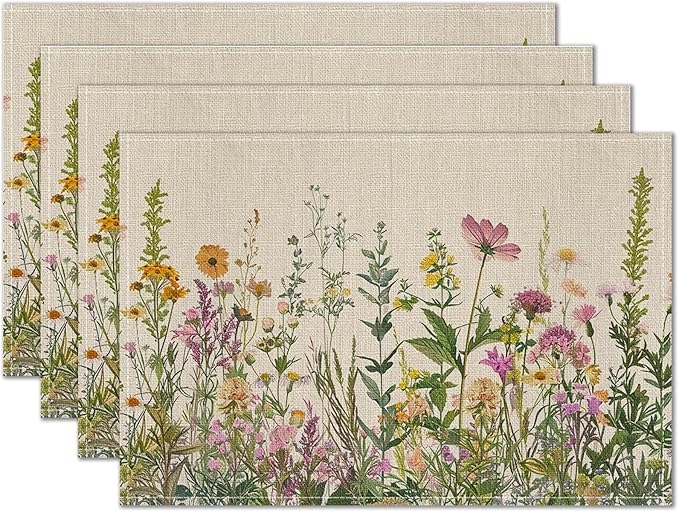 HOMETITUTE Floral Linen Placemats Set of 4 12x18 inch Spring Table Mats for Dining Table Farmhouse Decorations Kitchen Decor Desk Mat for Outdoor Home Party Kitchen Seasonal Dining Decor