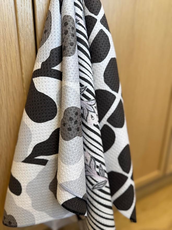 || 3 Pack|| Double Sided Dish Towels || Waffle Weave Microfiber || Tea Towels || Highly Absorbent || Hanging Loop || Dish Cloths || Modern || Designer Prints (Black/Gray)
