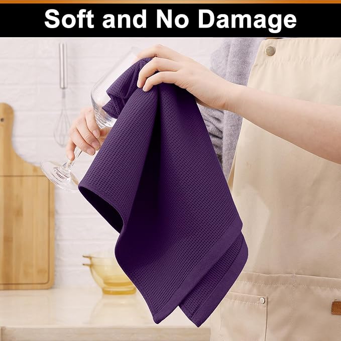 Homaxy 100% Cotton Kitchen Towels and Dishcloths Set - 8 Pack Waffle Weave Soft and Absorbent Dish Towels - 26 X 16 Inch and 12 X 12 Inch - Eggplant