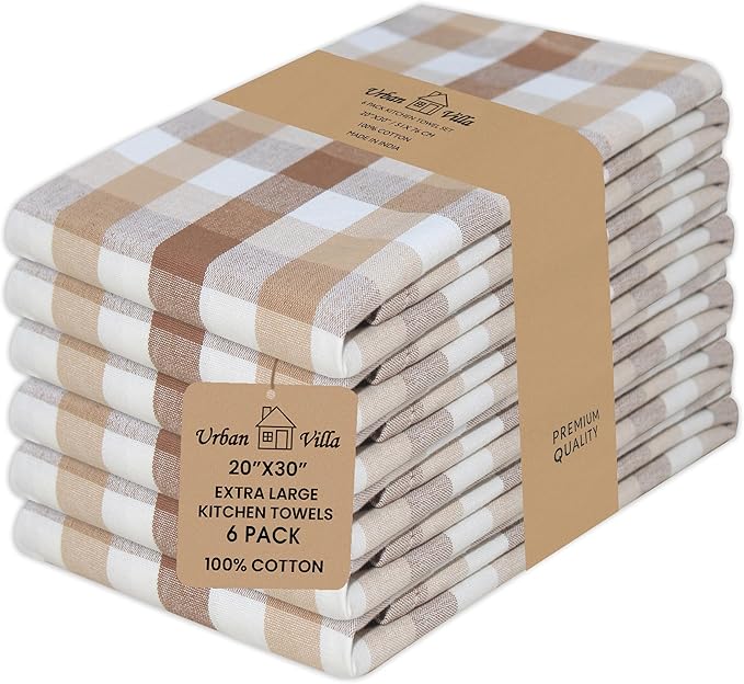 Urban Villa Kitchen Towels Set of 6 Buffalo Checks Taupe/Chocolate/Ivory 20X30 Inches Kitchen Towels 100% Cotton Highly Absorbent Premium Quality Ultra Soft Bar Tea Towels with Mitered Corners