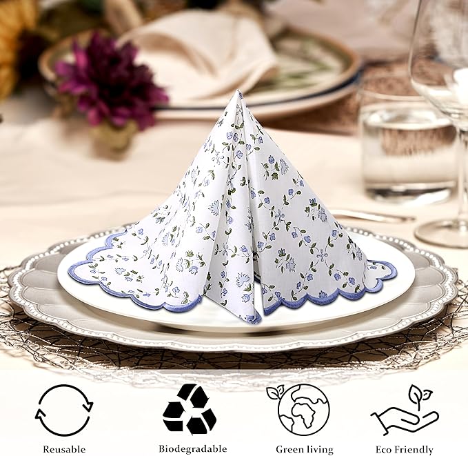 Ridhi Hand Block Print Powder Blue 18" x 18" (Set of 4) Embroidery Table Napkins Reusable Cotton Dinner Napkins for Weddings, Parties, Everyday Dining Gift for Spring, Easter, Valentine