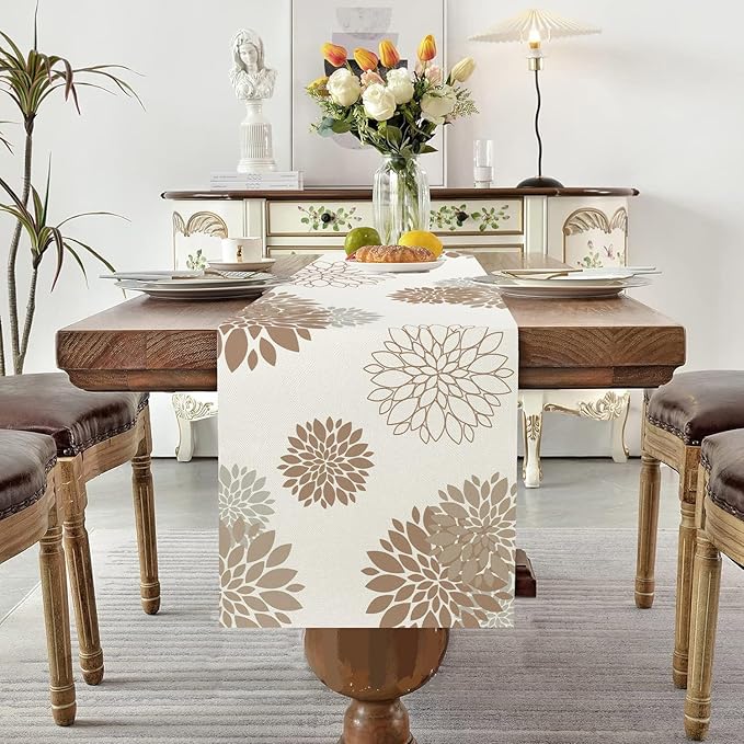 Coffee Brown Dahlia Table Runner Modern Elegant Flower Beige Table Runners Geometric Pompon Farmhouse Table Center Decor for Home Kitchen Dining Party Indoor Outdoor (13x90 Inch)