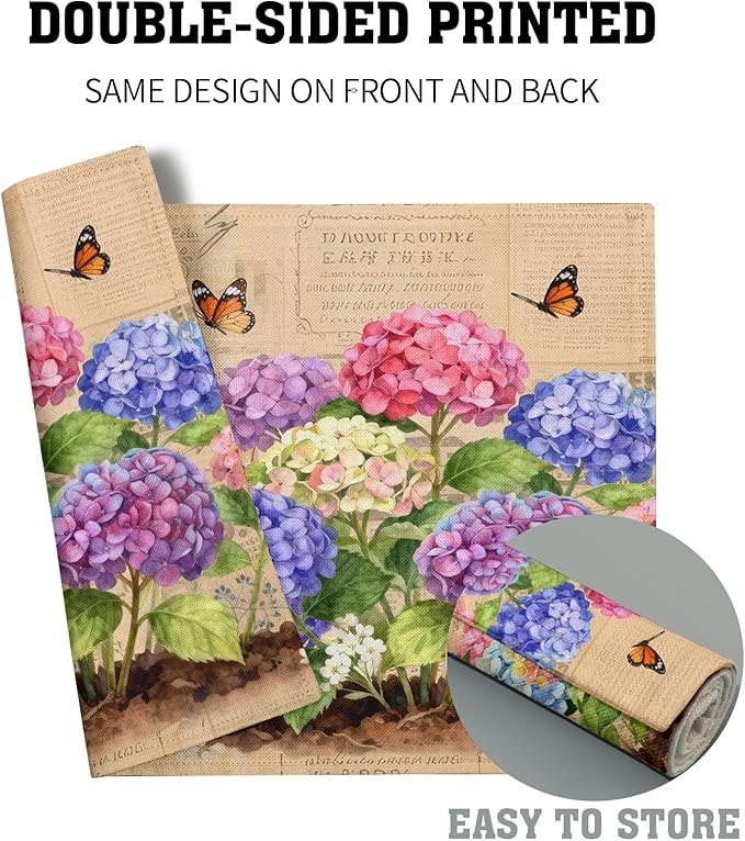 Vintage Hydrangea Floral Linen Placemat 12 X 18 in Table Place Mat Set for Family Dinners Wedding Party