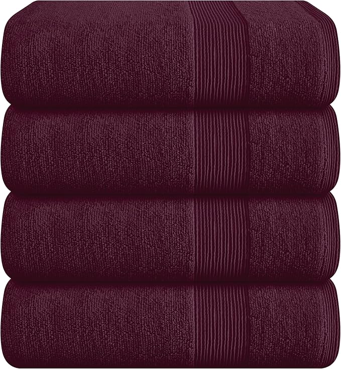 Belizzi Home 4 Pack Bath Towel Set 27x54, 100% Ring Spun Cotton, Ultra Soft Highly Absorbent Machine Washable Hotel Spa Quality Bath Towels for Bathroom, 4 Bath Towels Burgundy