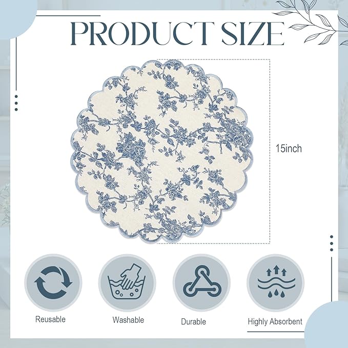 Set of 12 Blue and White Cotton Placemats 15 Inch Round Scalloped Embroidery Placemats Washable Double Layered Rustic Table Mat Fabric Napkins for Wedding Table Decor