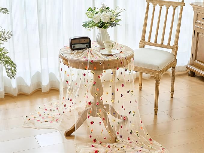 YATOJUZI Champagne Table Runner Embroidery Daisy Summer Floral Decorations Seasonal Tulle Dining Table Runners for Home Kitchen Decor Wedding Shower Party